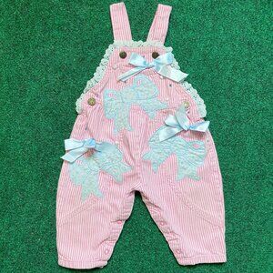 VTG Oshkosh B’gosh MARSHA Overalls Bows Rhinestones Pearls Stripe 90s RARE 12mon